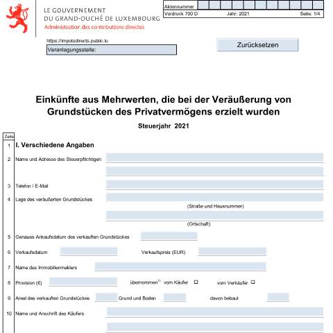 Aperçu du document Einkünfte aus Mehrwerten, die bei der Veräußerung von Grundstücken des Privatvermögens erzielt wurden — Plus-values d'immeubles du patrimoine privé, Luxembourg (CERFA n°700 D)